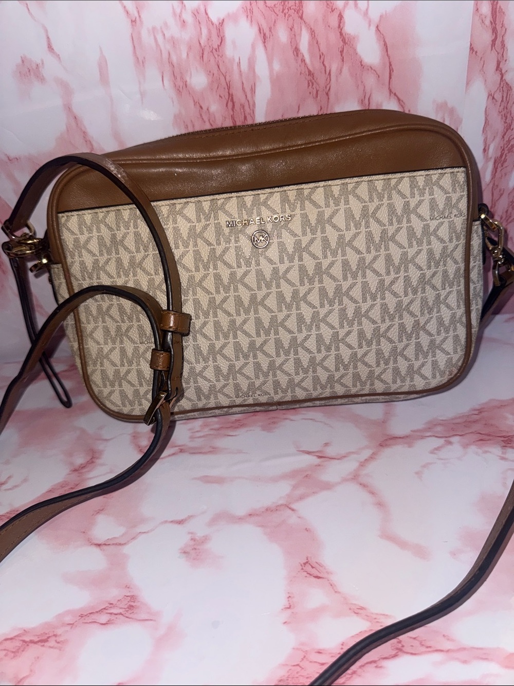 Michael Kors Tan and Beige MK Signature Crossbody Bag
